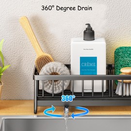 SDFNBRA Kitchen Sink Caddy Stainless Steel Sponge Holder for Kitchen Organiser Sink Tidy with Removable Drip Tray and Removable Partitions, Black