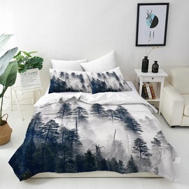 ANHOPE Misty Forest Duvet Cover Set Soft Microfibre Polyester Quilt Cover 3 PCS Bedding Set with 2 Pillowcase Foggy Mountain Print Pattern Comforter Cover with Zipper Closure Single (135 x 200 cm)