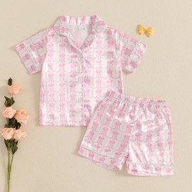 MAHUAOYIXI Toddler Kids Girls Summer Satin Pajamas Outfits Short Sleeve Watermelon Print Lapel Button Down Shirts Top with Elastic Waist Shorts Sets 2Pcs Sleepwear (Bright Pink, 2-3 Years)