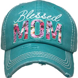 Funky Junque Women's Distressed Vintage Baseball Cap, Embroidered Cool Mom Hat with Saying, Unconstructed, Adjustable - Blessed Mom - Teal