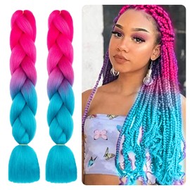 Leogony 2PCS 3 Tone Hair Extensions for Braiding, Mermaid Fake Braids Hair, Peach Lake Blue Purple Plait Coloured Synthetic Wig