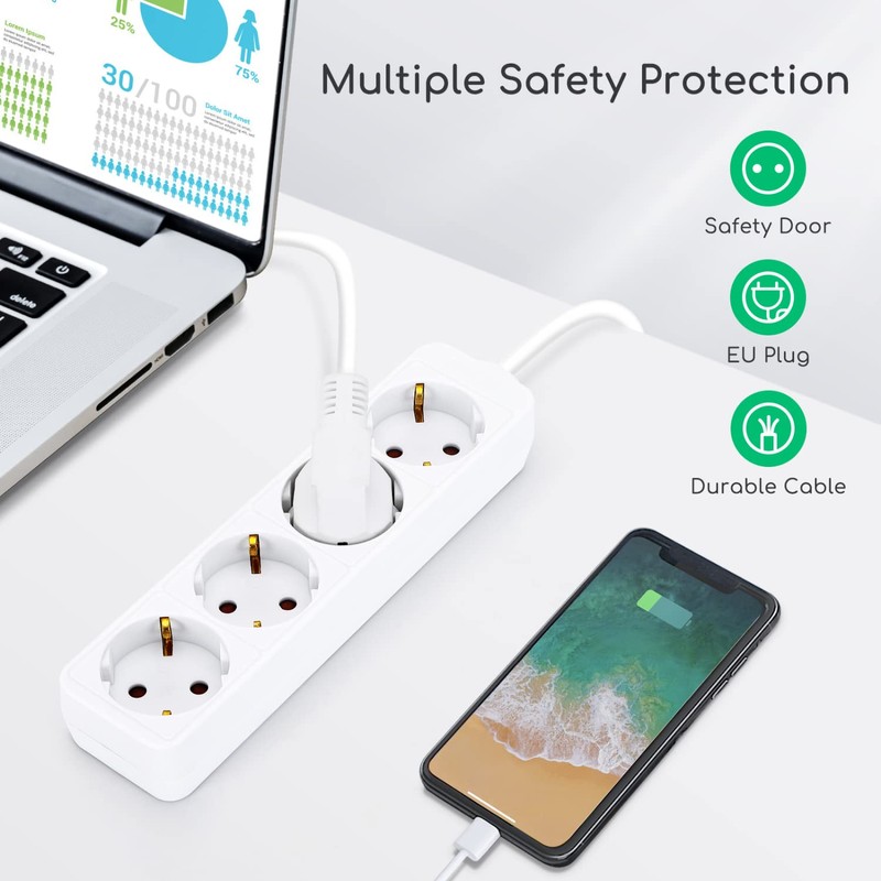 Aigostar Steckdosenleiste 4-fach Tischsteckdose Kindersicherung 1'5m Kabel, Weiß