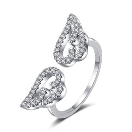 925 Sterling Silver Ring for Women, Solid Silver Romantic Angel Wing Opening Ring for Women Jewelry, with 5A Cubic Zirconia，Adjustable Size (White-Angel Wing)