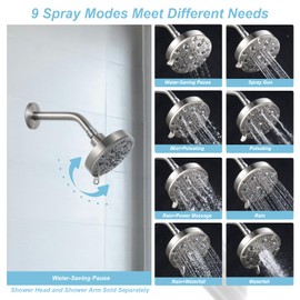 OFFO Shower Head, High Pressure Shower Head with Pause Mode, 9 Mode Fixed Showerheads for Strong Water Flow & Relaxing Shower Experience, Brushed Nickel