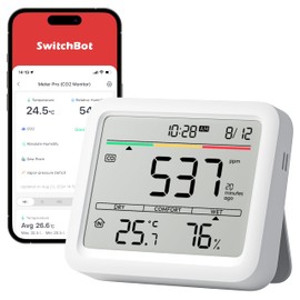 SwitchBot CO2 Detector, CO2 Meter with Thermometer Hygrometer Indoor, Air Quality Meter with CO2 Alarm, Bluetooth CO2 Sensor with App, 2 Year Data Storage, Hub Required