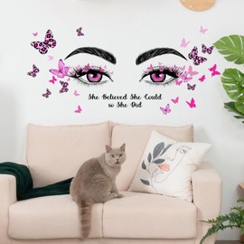 Beautiful Eyelash Eyes Wall Decals, Peel and Stick Flying Butterfly Wall Stickers Wall Decor Vinyl Wall Art for Home Living Room, Women Girls Bedroom, 30x90cm (Pink)