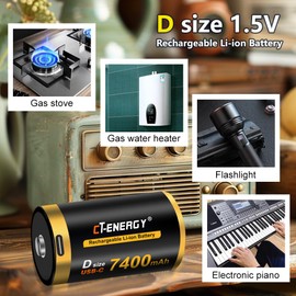 CT-ENERGY Rechargeable D Batteries 1.5V Lithium D Cell 9000mWh High Capacity with USB-C Fast Charging Long-Lasting Performance 4 Packs