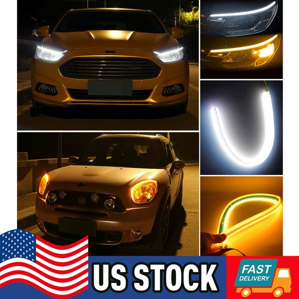 unbrand 2x 60cm Flexible Amber Turn Signal White Car DRL