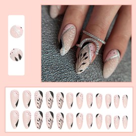 Pack of 24 Almond Nails for Sticking, Short, Black Leaves, French Artificial Fingernails, Glitter Acrylic Artificial Nails, Oval Full Cover, Natural Press on Nails for Women, Girls, Nail Art