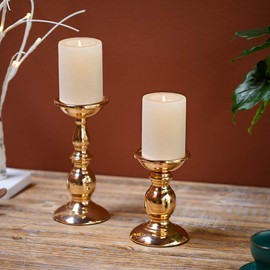 2 Pcs Gold Pillar Candle Holders, Gold Candlestick Most Ideal for 3" Pillar Candles, Gifts for Wedding, Party, Home, Spa, Reiki, Votive Candle (S + L)