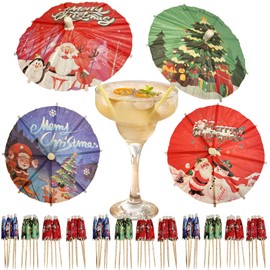 200 PCS Drink Umbrellas Cocktail Picks for Christmas Decor Christmas Drinking Umbrella Fruit Toothpicks Cupcake Topper Sticks