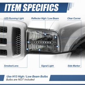 Auto Dynasty LED DRL Headlights Assembly Compatible with 2005 2006 2007 Ford F250 F350 F450 F550 Super Duty, Pair of Halogen Headlamps w/LED Running Light Strip, Smoked Lens Clear Corner
