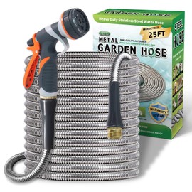 Lightweight Stainless Steel Garden Hose 25Ft – Kinkless Flexible Metal Garden Hose - Thorn Proof Steel Metal Water Hose with Solid Fittings for Garden, Outdoor Use (25ft)