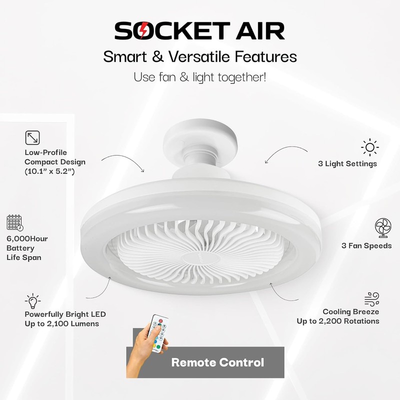 Bell+Howell SocketAir Wireless Ceiling Fan Light with Remote Control, Extender,110-120