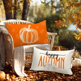 Benjia Outdoor Fall Throw Pillow Covers 12x20 Set of 4, Decorative Waterproof Oxford White and Orange 12 x 20 inch Holiday Cushion Cases Home Outside Porch Decor Decoration (Style 01)