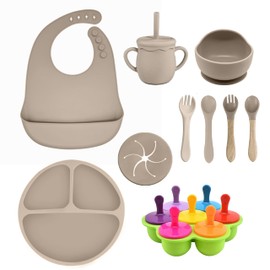 19pcs BLW Silicone Feeding Set for Baby and toddler First Eating. Baby Led Weaning Supplies Includes Divided Plate Bowl Spoons Forks Bib Snack Cup and Straw Icecream Popsicle Mold With Sticks