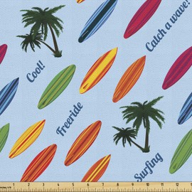 Ambesonne Surfboard Fabric by The Yard, Exotic Hawaii Vacation Palm Trees and Colorful Boards Water Sports Fun Activities, Decorative Fabric for Upholstery and Home Accents, 1 Yard, Pastel Blue