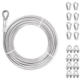 1/4" Steel Cable, Sunuwk 150Ft 7x19 Strand Aircraft Cable with Loops, 6400 Lbs Breaking Strength Heavy Duty Wire Rope with Clamps and Thimbles, for Zipline, Fencing, Sunshade, Deck Railing
