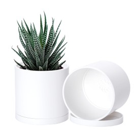 D'vine Dev 2 Pack 4.5 Inch Modern Plastic Plant Pots, Small Garden Planters for Plant with Drainage Holes and Saucers, White Color, 74-Z-F-1