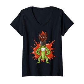 Womens Cartoon Character With Paintbrush For Kids Art Fun V-Neck T-Shirt
