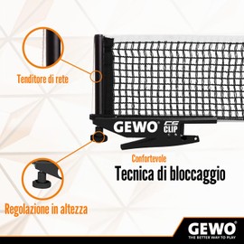 GEWO CS Clip - Rete da Ping Pong Robusta per Tavolo da Ping Pong, Set in Metallo per Morsetto con Vite in Altezza e Struttura a Rete Resistente, Colore: Nero, Lunghezza 183 cm