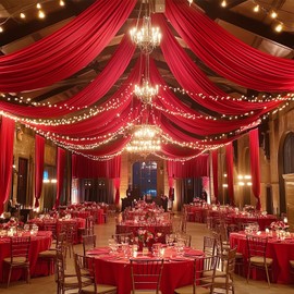 4 Panels 5x20ft Red Ceiling Drapes for Wedding Parties, Wrinkle Free Thick Polyester 20ft Extra Long Wedding Draping Red Ceiling Curtains Arch Drapery