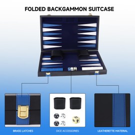 GSE Premium Leather Backgammon Board Game Set, Classic Backgammon Game Set with Leather Case, Travel Folding Board Game (Black&Blue, Medium)