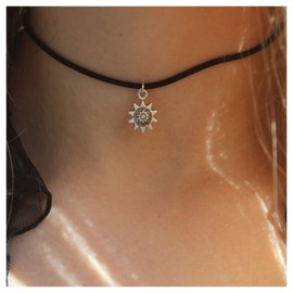 Inilbran Boho Black Velvet Choker Necklace Silver Tiny Sunflower Pendant Necklace Punk Suede Choker Necklace Gothic Suede Cord Collar Necklace Jewelry for Women and Girls