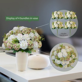Wcro 4 Bundles Small Hydrangea Artificial Flowers, Silk Fake Flower Bouquet for Wedding Party Home Decor.(White & Green)