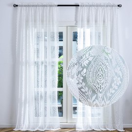 Kotile White Lace Curtains 84 Inches Long 2 Panels, Country Rustic Paisley Floral Sheer Lace Curtains for Living Room, Rod Pocket Privacy Bohemian Medallion Damask Lace Window Drapes, 52 x 84 Inch