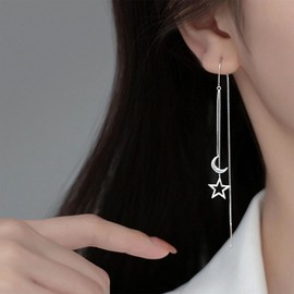 Allereya Vintage Hollow Star Threader Earrings Crescent Moon Stud Earrings Long Chain Tassel Dangle Earrings Silver Bar Pull Through Earrings Jewellery for Women and Girls, Zinc