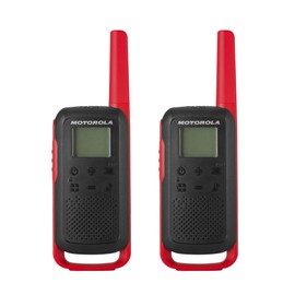 Motorola Solutions, Portable FRS, T210, Talkabout, Radios bidireccionales, Recargables, 22 Canales, 20 Millas, Negro con Rojo, Paquete de 2
