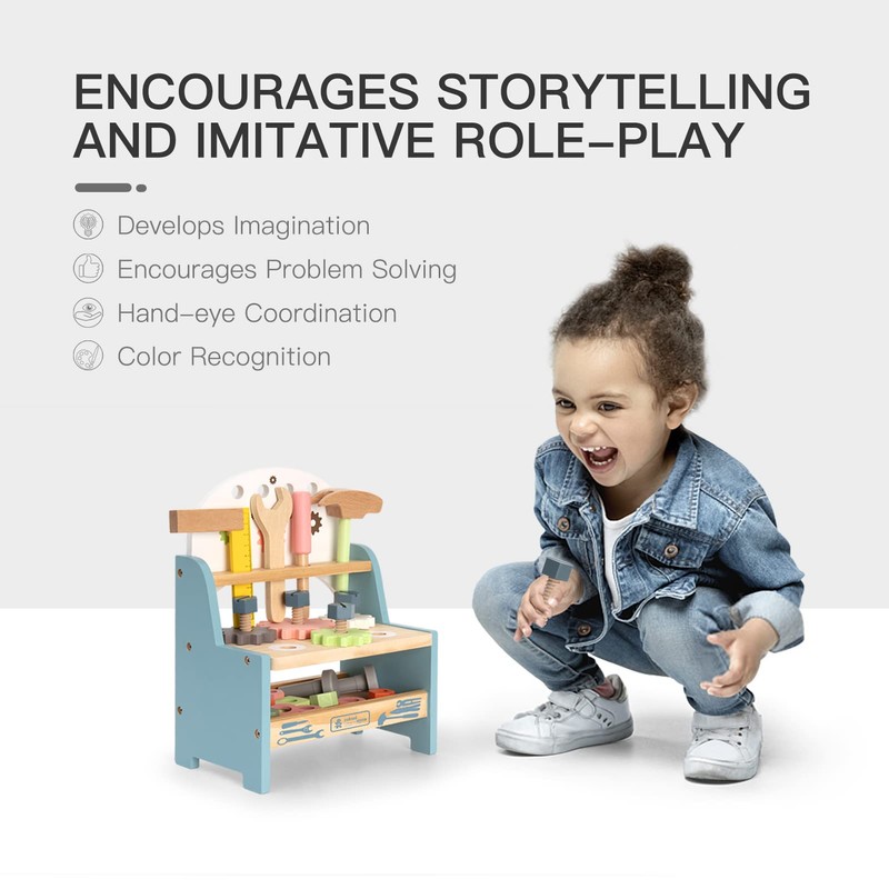 ROBUD Mini Wooden Play Tool Workbench Set for Kids Toddlers