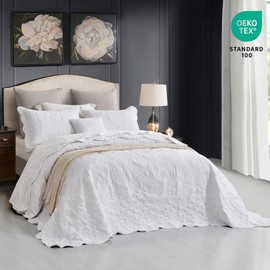 HZ & HY Queen Size Bedspread, Quilted Coverlet Bedding Set, Lightweight Thin Comforter, Reversible, Luxurious, 5 Piece, 100% Microfiber, Queen, White