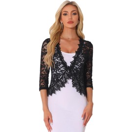 Allegra K Floral Lace Shrugs for Women's Evening 3/4 Sleeves Formal Elegant Bolero Cardigan Black X-Large