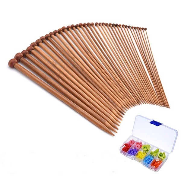 Juego de agujas de tejer de bambú, 36 piezas de agujas de tejer carbonizadas de un solo punto, tamaños de 2.0 mm a 10.0 mm, herramientas de tejer de 25 cm de longitud para manualidades de lana hechas