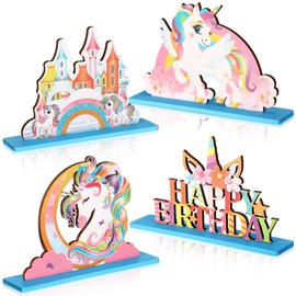 Barydat 4 Pcs Unicorn Table Decorations Unicorn Birthday Centerpiece Wooden Unicorn Rainbow Ornaments Unicorn Theme Birthday Sign Photo Props for Girls Party Favors Baby Shower Supplies (Cute)