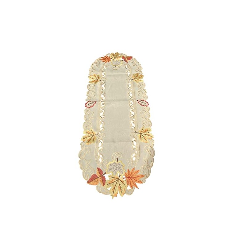 Autumn Chestnut Leaves Tablecloth Doilies Oval Linen Look Beige Gold