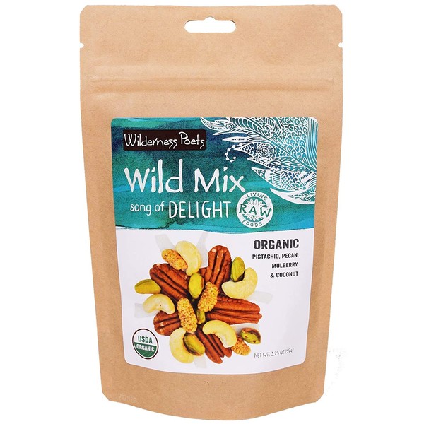 Wilderness Poets, Song of Delight Wild Mix - Organic Raw Trail Mix - Pecans, Cashews, Mulberries, Pistachios, Coconut Ribbons - 3.25 Ounce