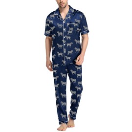 SWOMOG Mens Satin Pajama Set Short Sleeve Classic Sleepwear Button Down Silky Loungewear with Long Pants Navy Blue Zebra Medium
