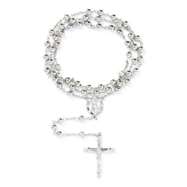 SM Stainless Steel Gold Silver Rosary 3mm-8mm CCB Beads Cross Y Necklace 20”-30” Chain for Women Men (6mm 20" (4) - Silver)