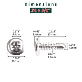 #8 x 5/8" Phillips Wafer Head Sheet Metal Tek Screws (100 pcs), 410 Stainless Steel, Phillips Drive Wafer Head Self Tapping Screws, Fayeploo (with Phillips Driver Bit)