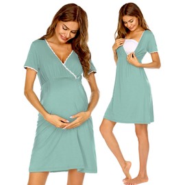 Ekouaer Nursing Nightown Delivery and Labor Gown for Hospital Short Sleeve Maternity Breastfeeding Dress Green Large