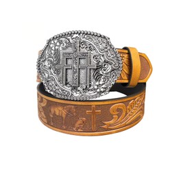 TOPACC Cowboy Belt for Men with Cross Buckle Western Cowgirl Belts for Women Brown Leather Belt for Jeans Pants Country Concert Outfit