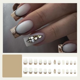 Fall Press on Nails Medium Square Fake Nails Milk White False Nails with Rhinestone Designs Full Cover Stick on Nails Gold Glitter French Tip Nails for Women and Girls 24 Pcs Fall Nails