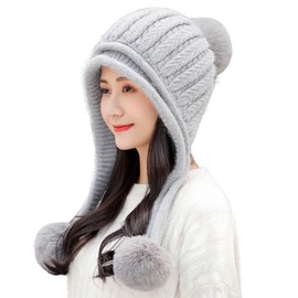 HUAMULAN Women Winter Sherpa Beanie Hats Knit Ear Flaps Peruvian Cover Ears Warm Fleece Lined Fluffy Ski Snow Hat 3 Pompom