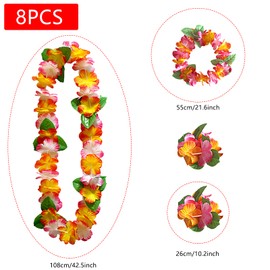 8PCS Hawaiian Leis Party Decorations,Tropical Necklace Flower Bracelets Hawaiian Ruffled Flower Leia Headbands Hawaii Luau Floral Necklace Lei Garland Flowers Beach Party Fancy Dress for Women Kids
