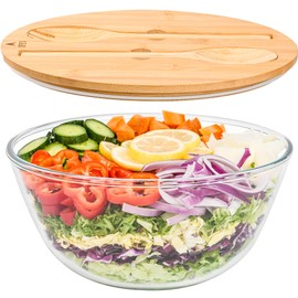 LOVYANXUE 10.6" Glass Salad Bowl with Sealed Lid, 4.7 Quart Large Capacity Serving Bowls and Mixing Bowls with Utensils, Versatile Glass Bowls for Salads, Trifle, Fruits, Pasta, Microwave Safe