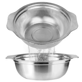 POPGRADE Stainless Steel Colander for Kitchen, 3QT Rice Washer Strainer with Mixing Bowl, Colander Bowl Set with Microporous for Washing Rice, Pasta, Spaghetti, Fruits, Dishwasher Safe(2PC)