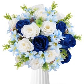 Luabue Artificial Flowers, 14.57 Inch Fake Flowers Bulgarian Silk Rose Spring Summer Rose Lily Bouquet Decor, Realistic Faux Flowers Arrangement for Home Wedding Dining Table Centerpiece Decoration